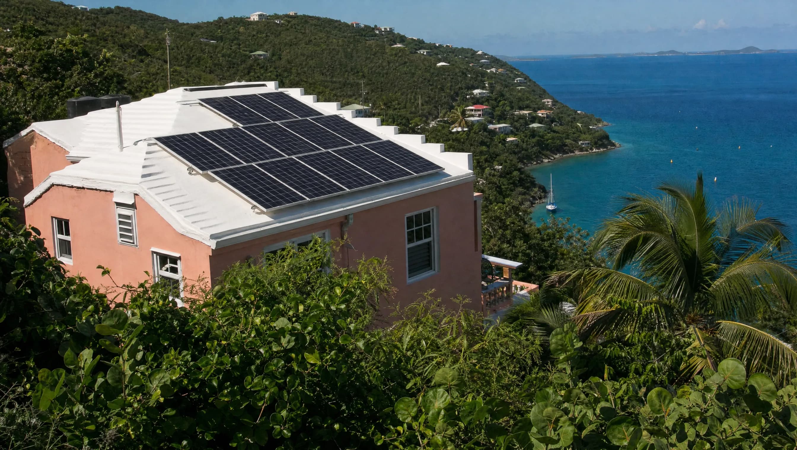 A Virgin Islands hillside home with a rooftop solar array above a turquoise bay