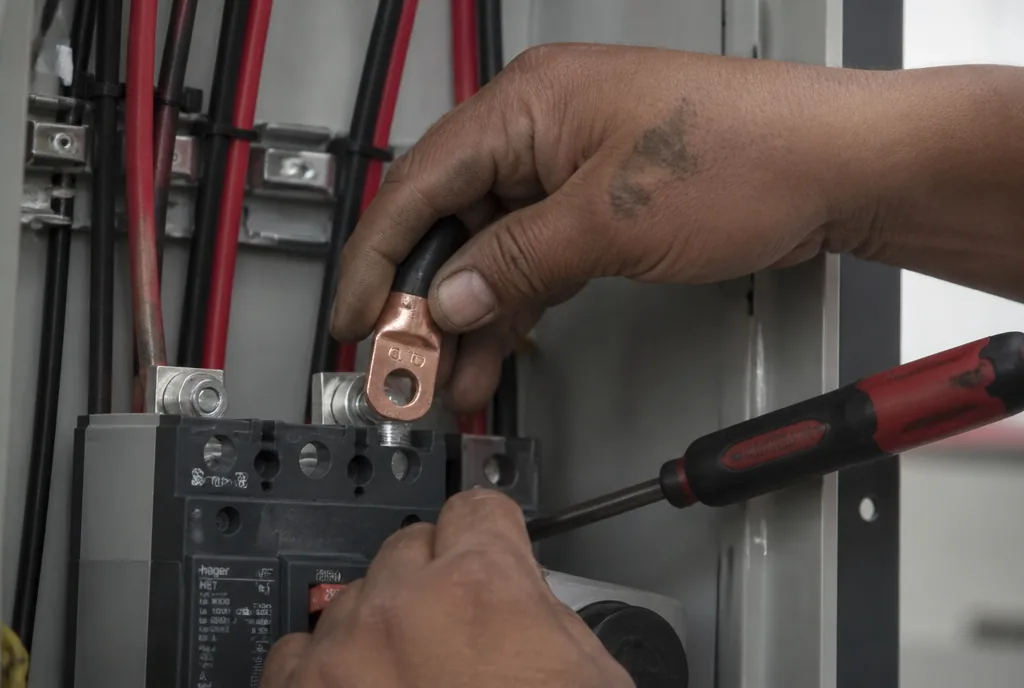 Hands landing a cable lug onto a DC breaker inside a solar combiner panel
