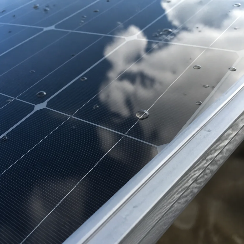 Close detail of a solar panel surface reflecting tropical sky